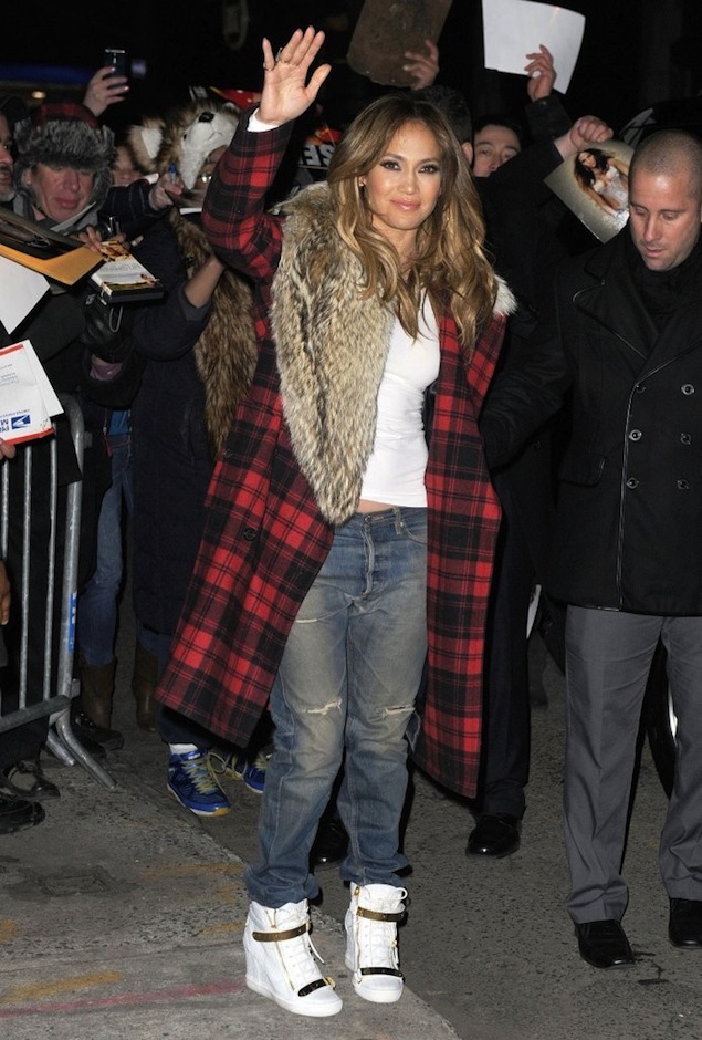 Jennifer-Lopez-wearing-Michael-Kors-Tartan-Plaid-Fur-Collar-Wool-Coat-and-Giuseppe-Zanotti-Wedge-Sneakers-2