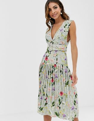ASOS DESIGN botanical floral plunge belted pleated midi dress, $87
