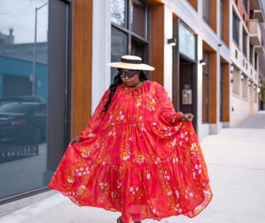 Wearing red floral caftan from ASOS with feather Avary heels by Tabitha Simmons