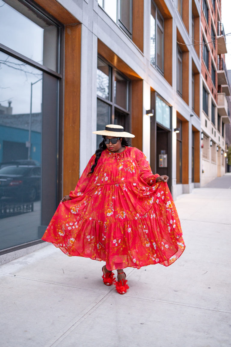 Wearing red floral caftan from ASOS with feather Avary heels by Tabitha Simmons