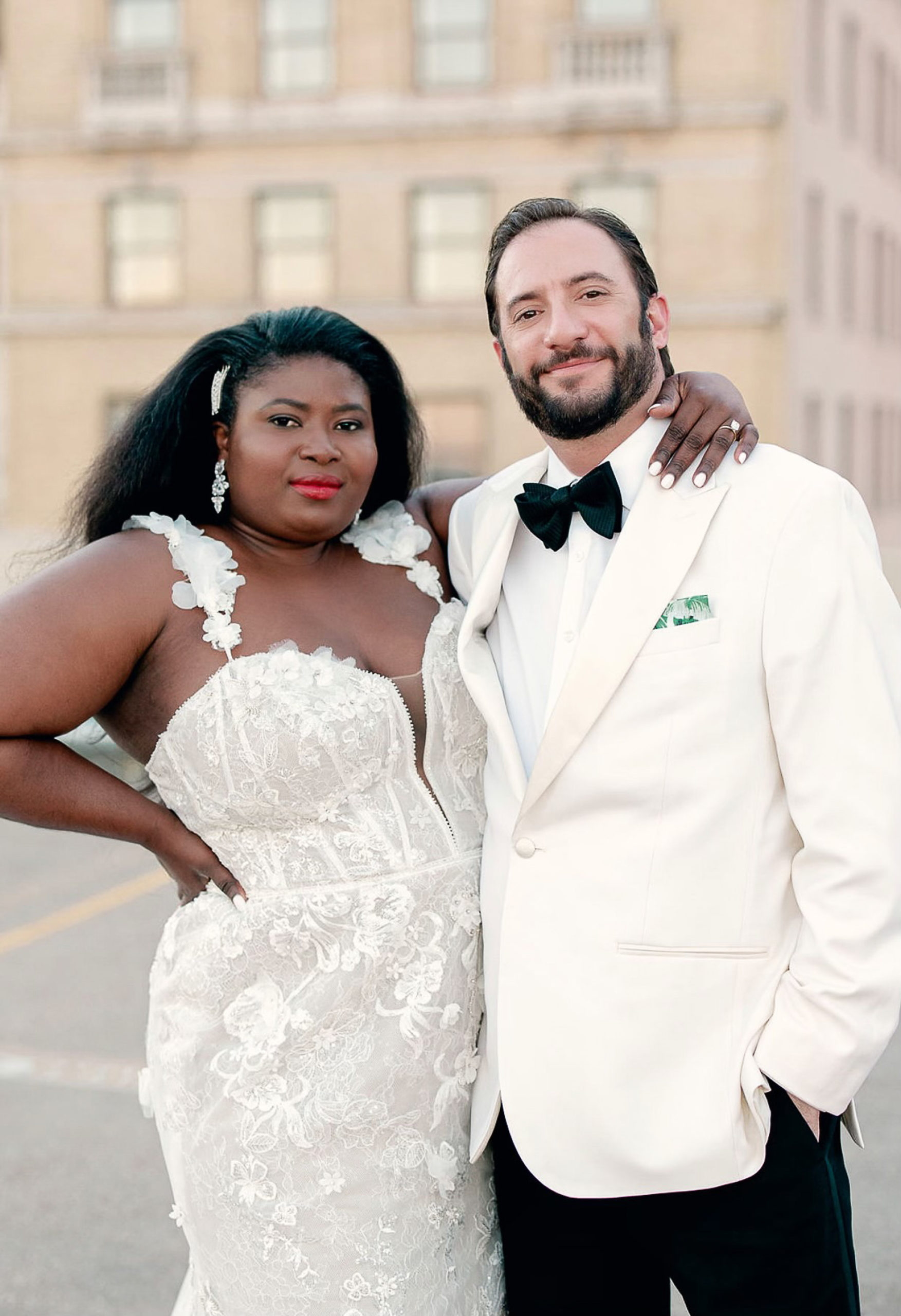 Glamazon Diaries wedding gown - David's Bridal spring 2021 campaign - plus size bride spring interracial couple